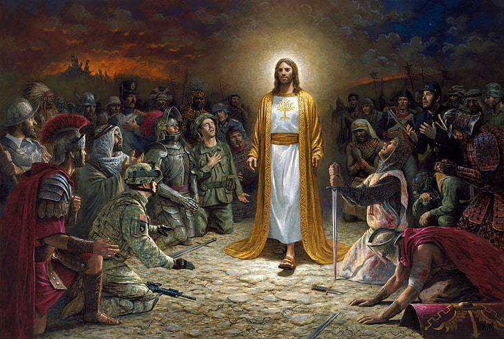 jesus christ painting kneeling glowing wallpaper preview